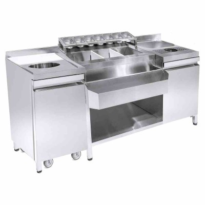 COMBISTEEL - Cocktails bar station incl. évier, lave-verres, bacs gn, speedrail porte-bouteilles, planche à découper et poubelle