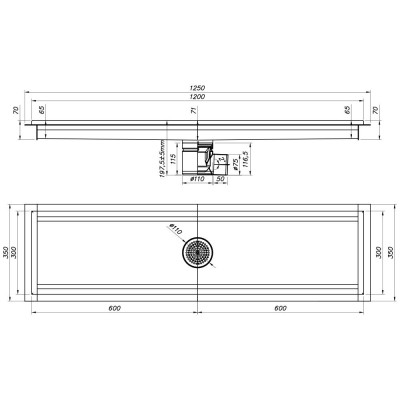 DIAMOND - Caniveau de sol inox 1200 x 300 mm sortie latérale