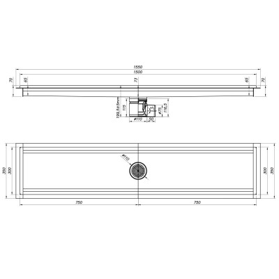 DIAMOND - Caniveau de sol inox 1500 x 300 mm sortie latérale