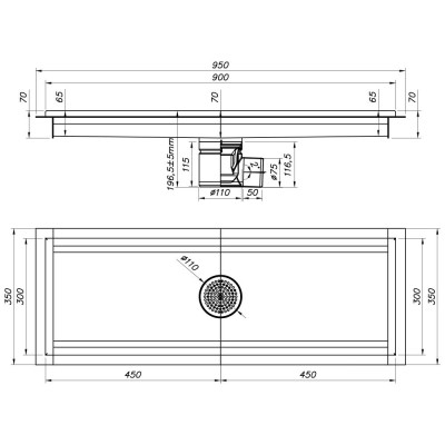 DIAMOND - Caniveau de sol inox 900 x 300 mm sortie latérale