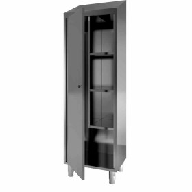 L2G - Armoire balais inox 1 porte toit pente 1 côté 3 étagères réglables + 1 fixe