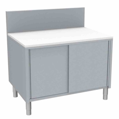 L2G - Meuble de découpe fromage surbaisse inox dessus poly blanc épaisseur 20 mm portes coulissantes