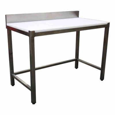 L2G - Table de decoupe inox adossée dessus poly naturel épaisseur 25 mm