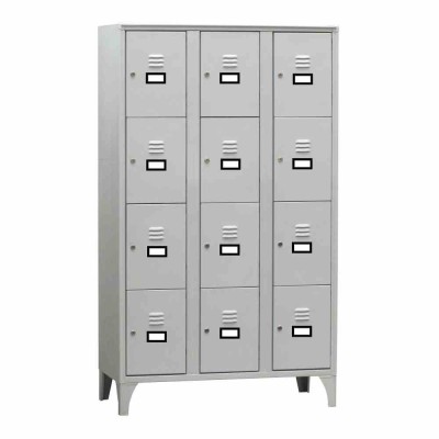 L2G - Armoire vestiaire multicases 3 colonnes 12 cases sur pieds fermeture a clé couleur gris