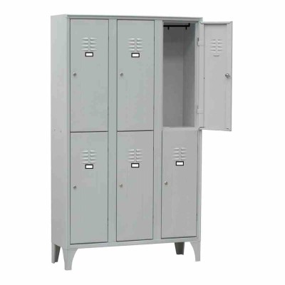 L2G - Armoire vestiaire multicases 3 colonnes 6 cases sur pieds fermeture a clé couleur gris
