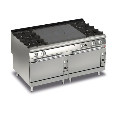 BARON - Fourneau - 4 feux vifs + plaque coup de feu sur 2 fours gaz - Gamme QUEEN 900 - 58 kW