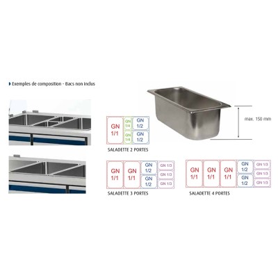 DALMEC - Saladette positive +4/+10°C - 4 GN 1/1 - 460 L - 3 portes pleines - Prof. 700 - Avec vitrine basse
