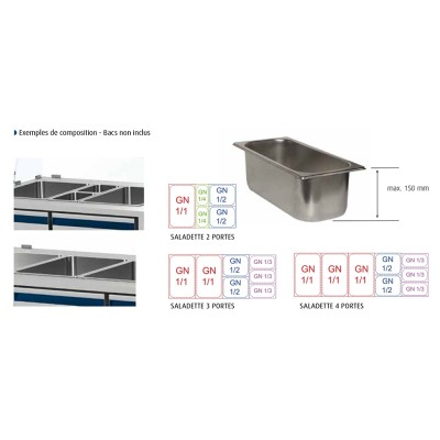 DALMEC - Saladette positive +4/+10°C - 4 x GN 1/1 - Couvercle acier - 3 portes pleines - Prof. 700