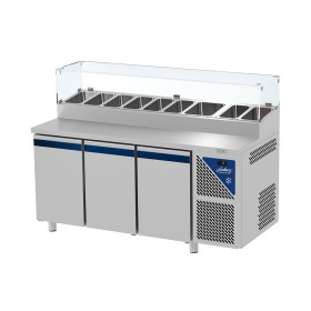 DALMEC - Table snack positive +4/+10°C - 606 L - 3 portes pleines - Prof. 800 - 600 x 400 - Avec vitrine