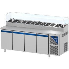 DALMEC - Table snack positive +4/+10°C - 816 L - 4 portes pleines - Prof. 800 - 600 x 400 - Avec vitrine