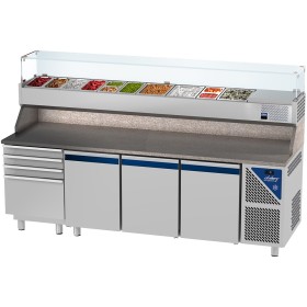 DALMEC - Table à pizza positive 0/+10°C - 606 L - 3 portes pleines - P. 800 - 600x400 - 4 tiroirs - 13 GN 1/4