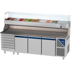 DALMEC - Table à pizza positive 0/+10°C - 606 L - 3 portes pleines - Prof. 800 - 600 x 400 - 7 tiroirs