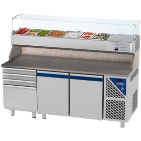 DALMEC - Table à pizza positive 0/+10°C - GN 1/1 - 300 L - 2 portes pleines - Prof. 700 - 4 tiroirs