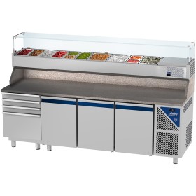 DALMEC - Table à pizza positive 0/+10°C - GN 1/1 - 300 L - 3 portes pleines - Prof. 700 - 4 tiroirs