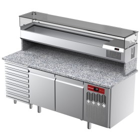 DIAMOND - Table frigorifique ventilée 2 portes 7 tiroirs avec vitrine refrigérée 2000x380x410 plan granit