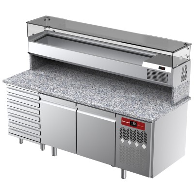 DIAMOND - Table frigorifique ventilée 2 portes 7 tiroirs avec vitrine refrigérée 2000x380x410 plan granit