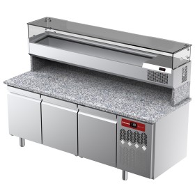 DIAMOND - Table frigorifique ventilée 3 portes avec vitrine refrigérée 2000x380x410 plan granit
