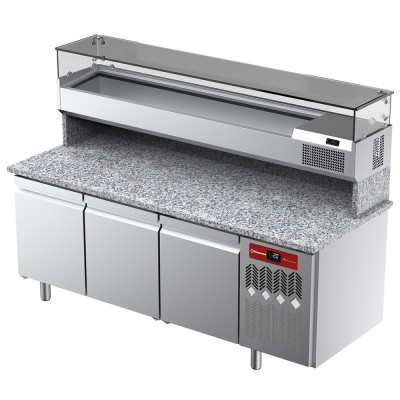 DIAMOND - Table frigorifique ventilée 3 portes avec vitrine refrigérée 2000x380x410 plan granit