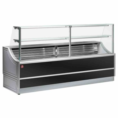 DIAMOND - Comptoir vitrine réfrigérée vitre droite 90°, avec réserve - GRIS/NOIR L. 2500 mm