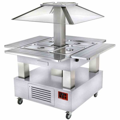 DIAMOND - Ilot buffet chauffant 4 bac GN 1/1 +20°C à 90°C bois blanc avec coupole motorisée