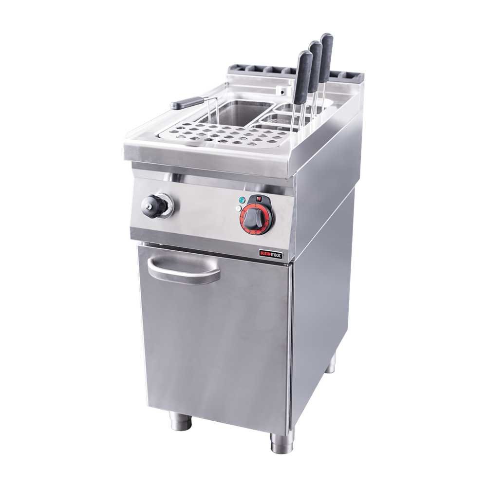 Cuiseur riz professionnel grande capacité en acier inox, plaque de cuisson, poignées et bouton de réglage, zone de trempe et tiroir de rangement.