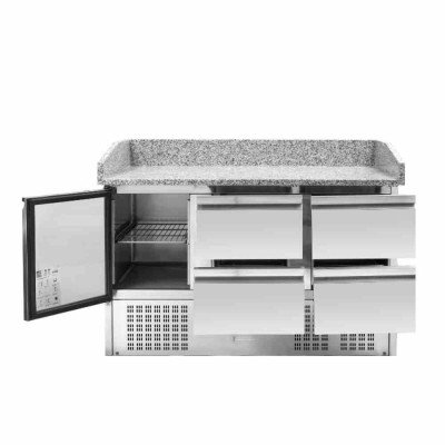 Guéridon froid professionnel avec porte ouverte et tiroirs, plan de travail en granit, équipements inox et espace réfrigéré intégré. Guéridon froid professionnel avec porte ouverte et tiroirs, plan de travail en granit, équipements inox et espace réfrigéré intégré.