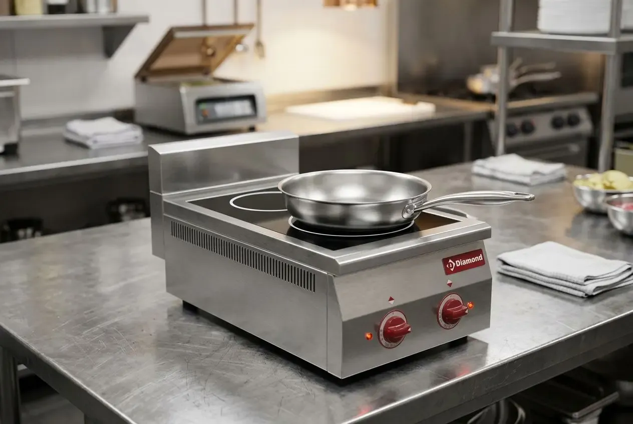 Plan de cuisson industriel en inox avec bol sur plaque, prêt pour démonstration en cuisine professionnelle. évoquant l’aménagement et l’ergonomie.