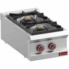 Plaque de cuisson professionnelle à gaz avec deux brûleurs et commandes rouges, look inox et fiable pour cuisine. intégration du mot-clé: comment aménager une cuisine professionnelle.
