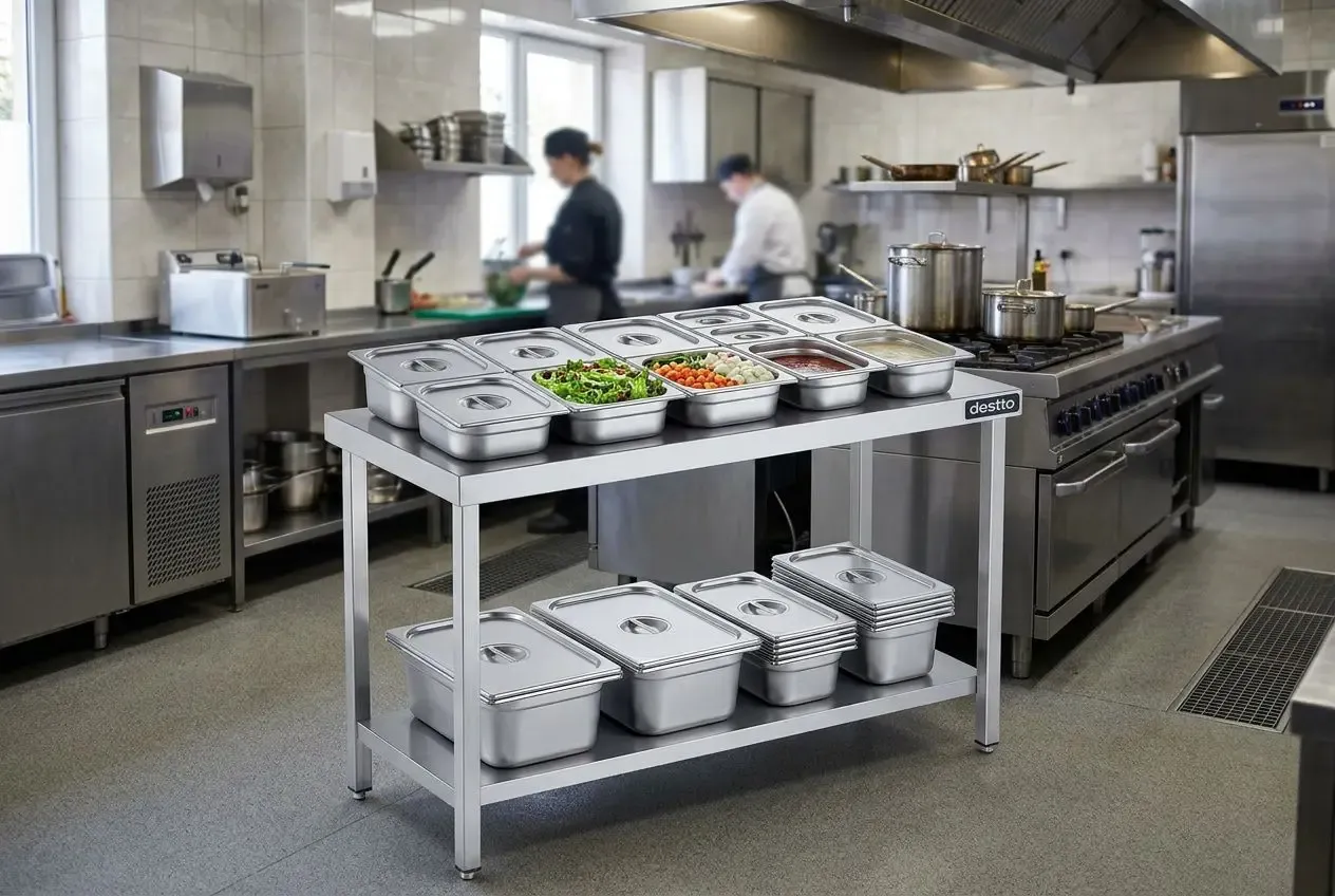 Table de préparation en inox professionnelle avec bacs gastronormes et rangement inférieur dans une cuisine professionnelle.